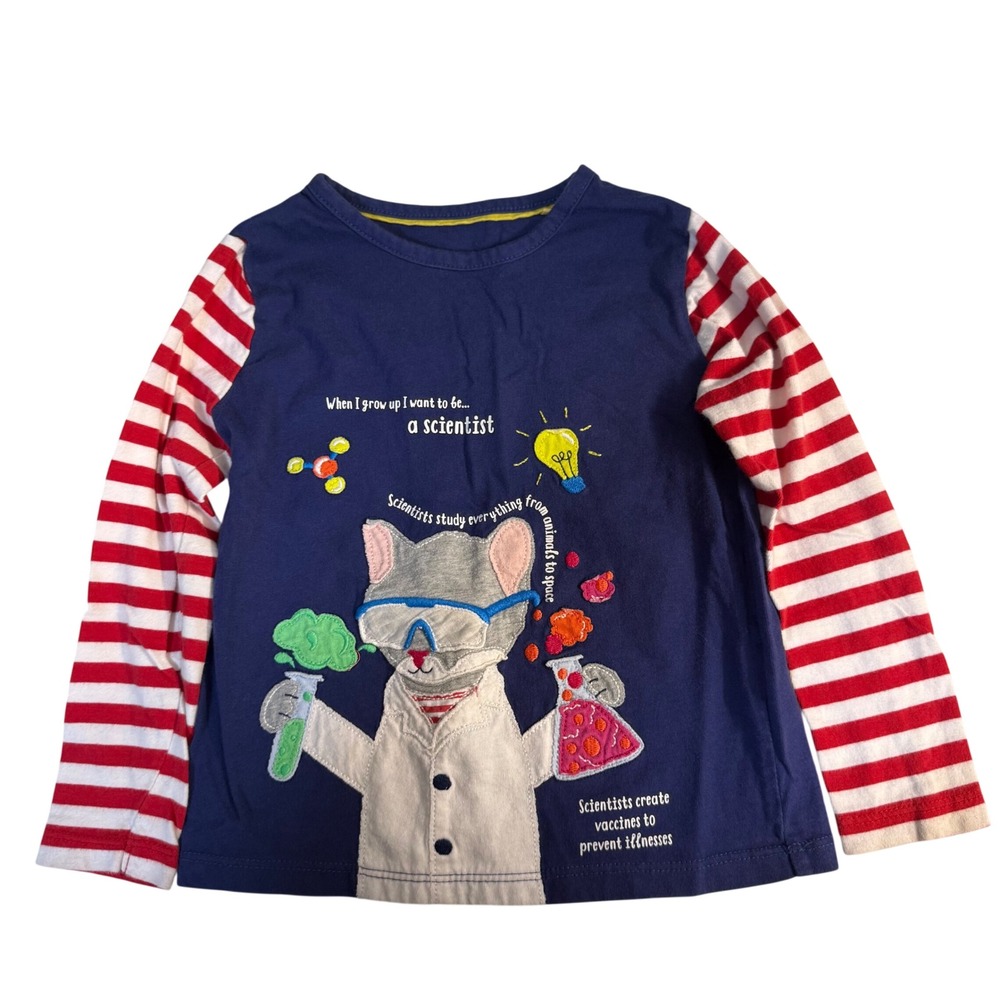 Mini Boden Long Sleeve Scientist Cat Appliqué Striped T Shirt 3-4 year boys